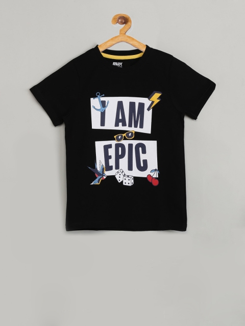 

max Boys Black Printed Round Neck T-shirt
