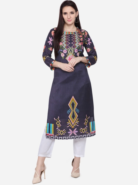

VENISA Women Navy Blue Embroidered Straight Kurta