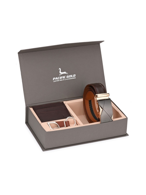 

Pacific Gold Men Brown & Silver-Toned Genuine Leather Accessory Gift Set