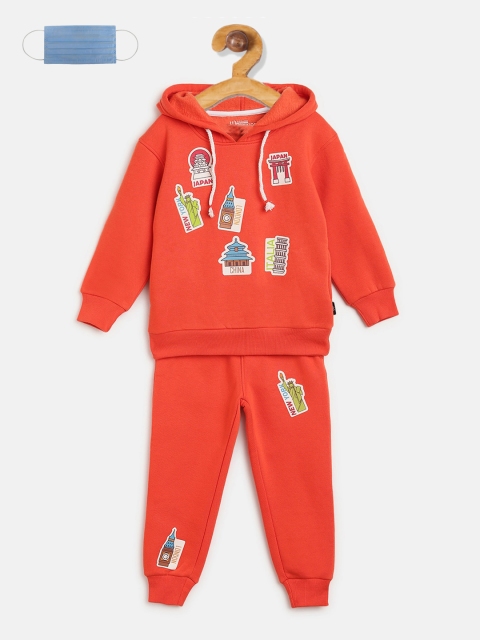 

Lil Tomatoes Boys Orange Solid Tracksuit With 3-Ply Mask