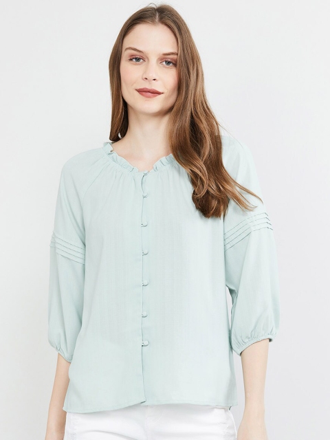 

max Women Blue Solid Shirt Style Top