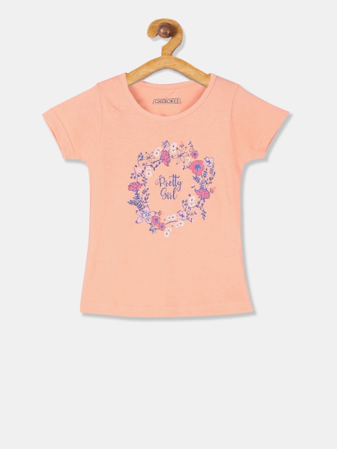 

Cherokee Girls Peach-Coloured Printed Round Neck T-shirt