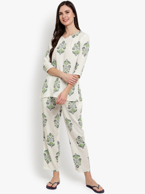 

Desi Rang Women White & Green Printed Night suit