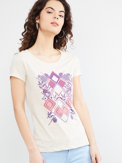 

max Women Cream-Coloured Printed Round Neck T-shirt