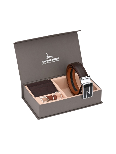 

Pacific Gold Men Brown & Silver-Toned Genuine Leather Accessory Gift Set