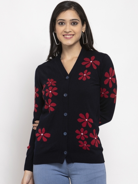 

Kalt Women Navy Blue Self Design Front-Open Sweater