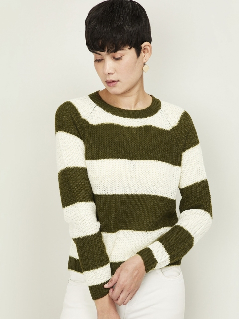 

Fame Forever by Lifestyle Women Off-White & Olive Green Striped Pullover Sweater