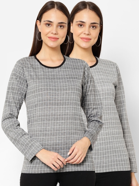 

VIMAL JONNEY Women Pack Of 2 Grey Checked Round Neck T-shirts