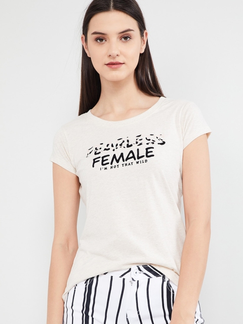 

max Women Cream-Coloured Printed Round Neck T-shirt
