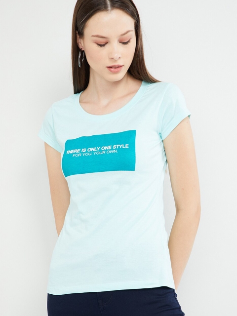 

max Women Sea Green Printed Cotton Round Neck T-shirt