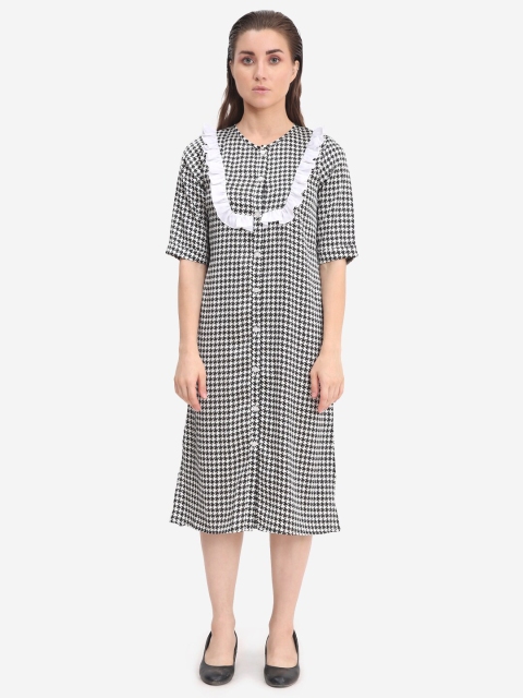 

Samshek Women Black & Off-White Houndstooth Print A-Line Dress with Satin Finish