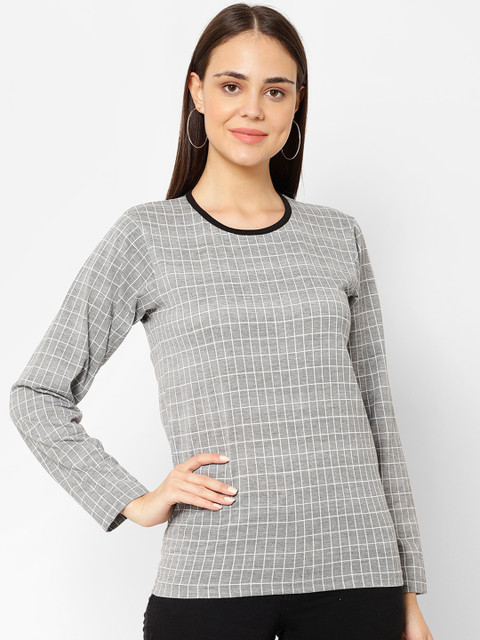 

VIMAL JONNEY Women Multicoloured Checked Henley Neck T-shirt, Multi