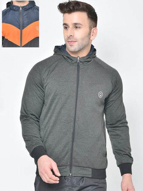 

Chkokko Men Navy Blue Colourblocked Reversible Sporty Bomber Jacket