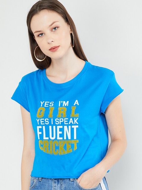 

max Women Blue Printed Round Neck T-shirt