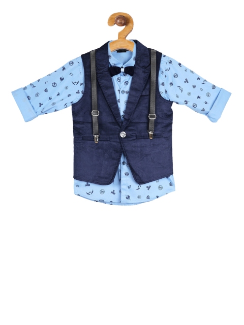 

Actuel Boys Navy Blue Solid Corduroy Pure Cotton Waistcoat with Printed Shirt