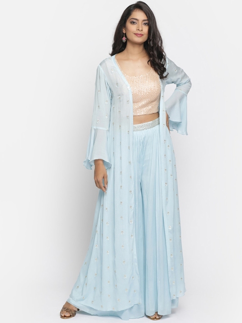 

Koskii Women Turquoise Blue & Peach Embroidered Top with Palazzos