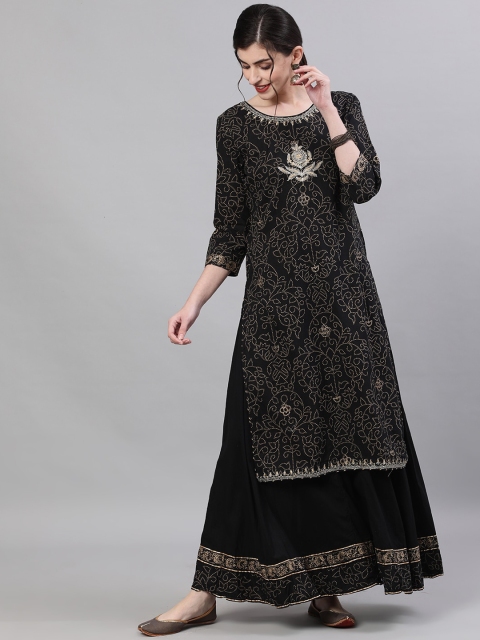 

Ishin DESIGNER STUDIO Women Black & Black Printed Kurta with Sharara