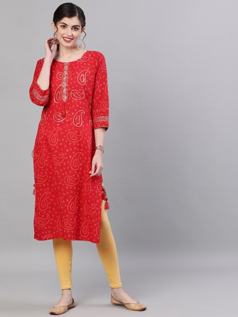 

Ishin DESIGNER STUDIO Women Red Embellished A-Line Kurta
