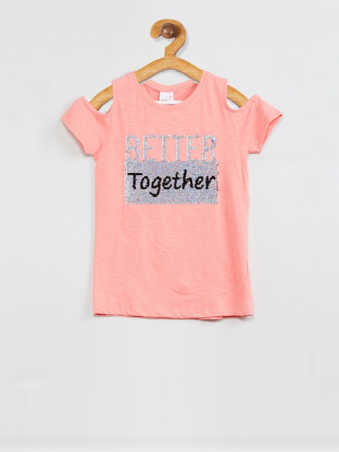 max Girls Orange Printed Round Neck T-shirt