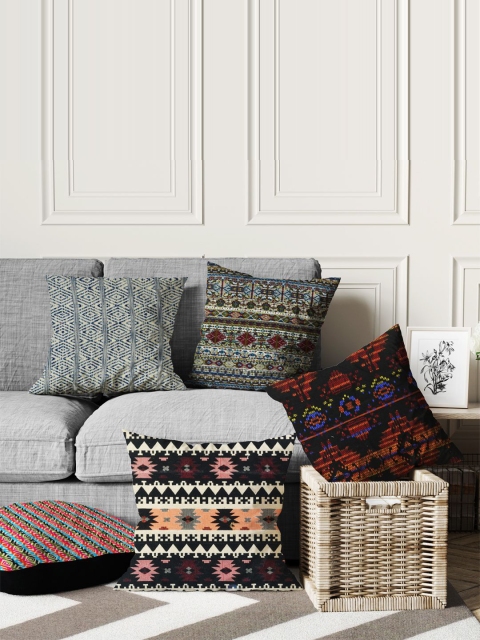 

BIANCA Multicoloured Set of 5 Ethnic Motifs Square Cushion Covers, Multi