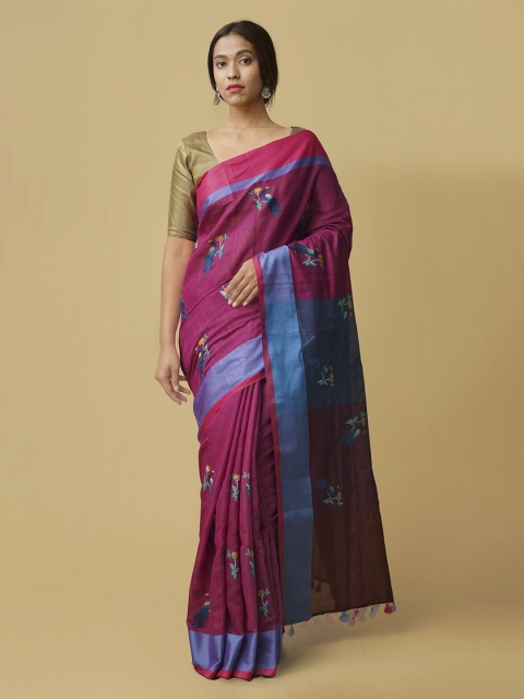 

Unnati Silks Pink Embroidered Pure Linen Saree