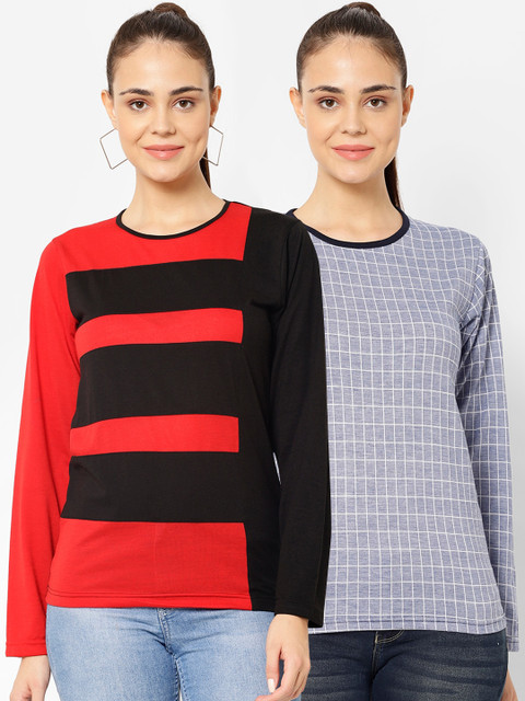 

VIMAL JONNEY Women Pack Of 2 Colourblocked Round Neck T-shirt, Red