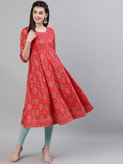 

Ishin DESIGNER STUDIO Women Red & Off-White Printed Anarkali Kurta