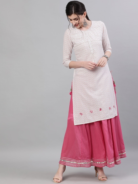 

Ishin Women White & Pink Printed Kurta with Skirt
