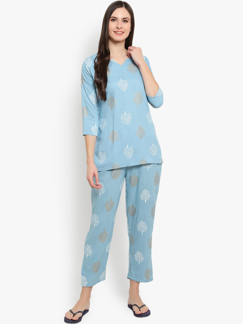 

Desi Rang Women Blue Printed Night suit