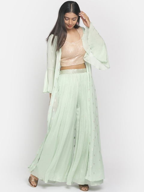 

Koskii Women Green & Pink Embellished Top with Palazzos With Shrug