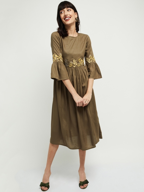 max Women Olive Green Solid Fit and Flare Dress