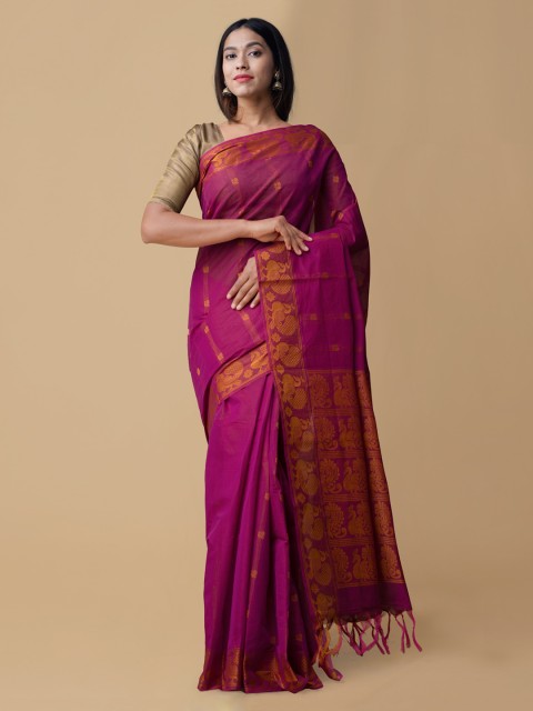 Unnati Silks Pink & Orange Pure Cotton Woven Design Saree