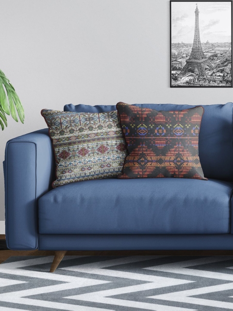 

BIANCA Multicoloured Set of 2 Ethnic Motifs Square Cushion Covers, Multi