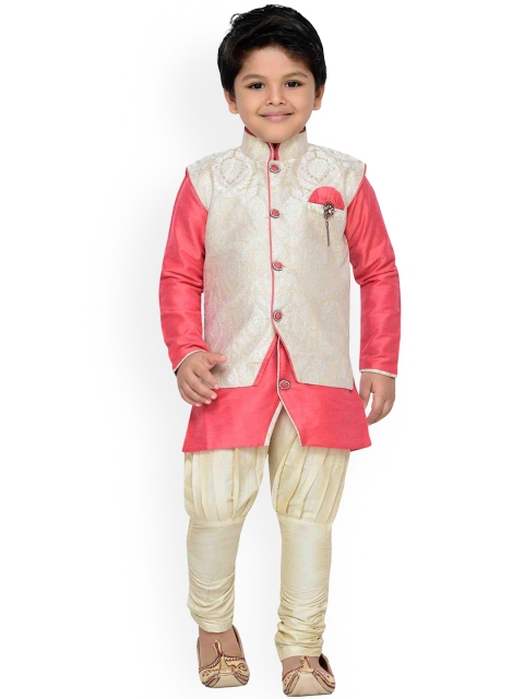 

Aj DEZInES Boys Pink & Cream-Coloured Solid Kurta with Dhoti Pants & Nehru Jacket