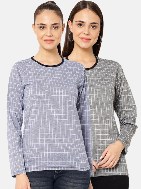 

VIMAL JONNEY Women Pack Of 2 Checked T-shirt, Grey