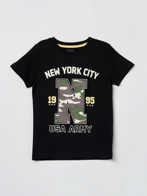 

max Boys Black Printed Round Neck T-shirt