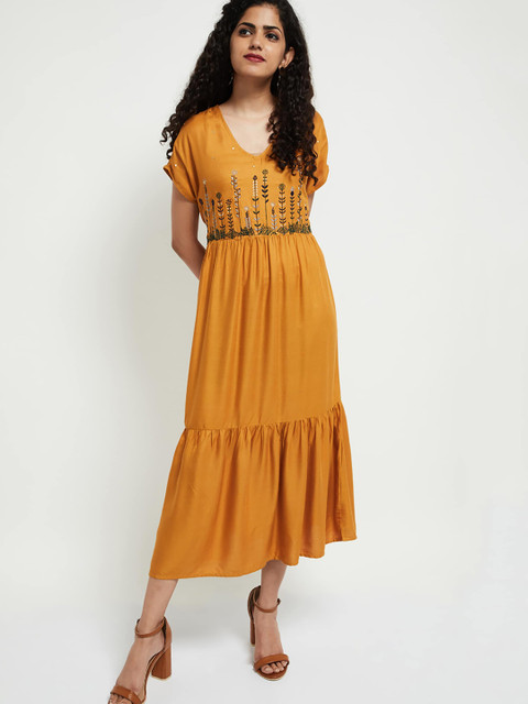 

max Women Mustard Yellow Embroidered Fit and Flare Dress