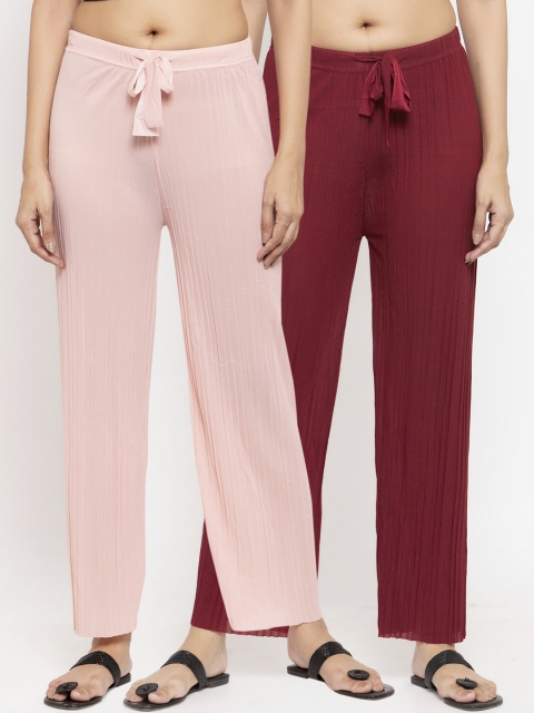 

NEUDIS Women Pack of 2 Solid Knitted Straight Fit Palazzos, Maroon