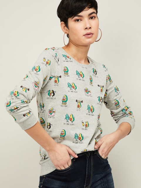 

Ginger by Lifestyle Women Grey Melange & Green Printed Sweatshirt
