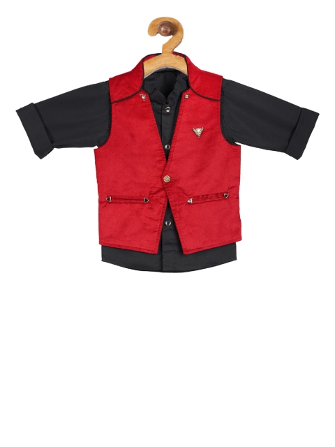

Actuel Boys Black & Maroon Regular Fit Solid Party Shirt With Waistcoat