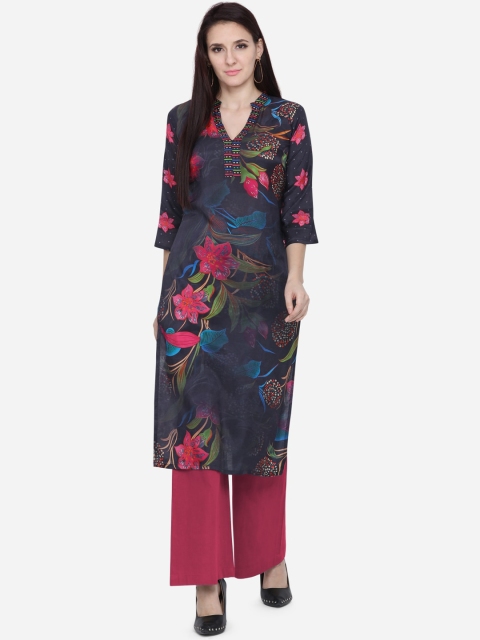

VENISA Women Navy Blue & Pink Floral Printed Straight Kurta