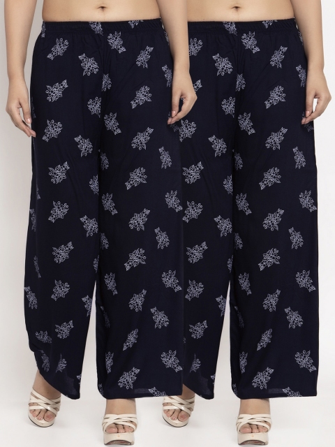 

KLOTTHE Women Pack of 2 Navy Blue Printed Straight Palazzos