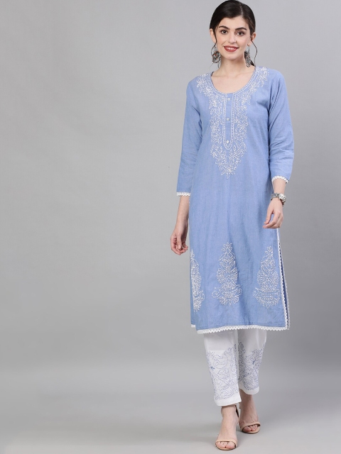 

Ishin Women Blue & White Solid Kurta with Trousers