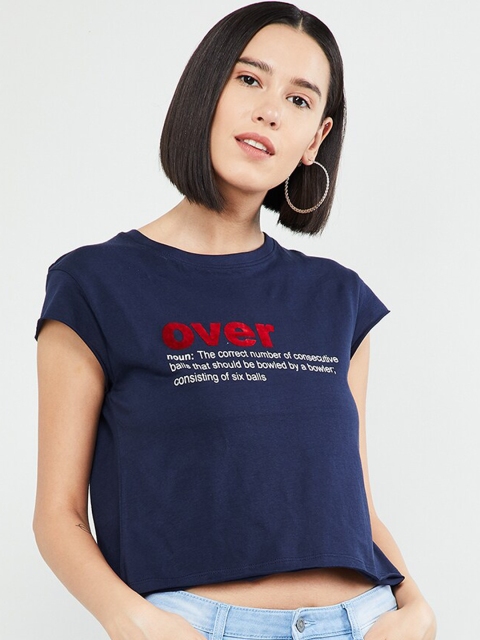 

max Women Navy Blue & White Printed Crop T-shirt