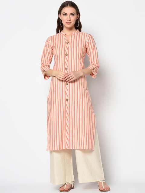 

Kvsfab Women Orange & Off-White Striped A-Line Kurta
