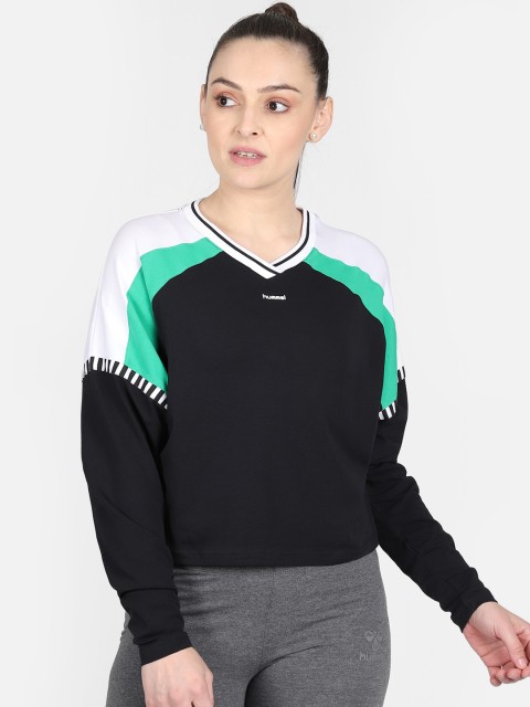 

hummel Women Black & Green Colourblocked V-Neck T-shirt