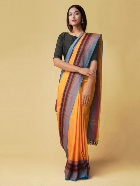

Unnati Silks Yellow Pure Cotton Solid Kanjeevaram Handloom Saree