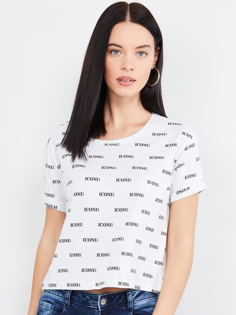 

max Women White Printed Round Neck Pure Cotton T-shirt