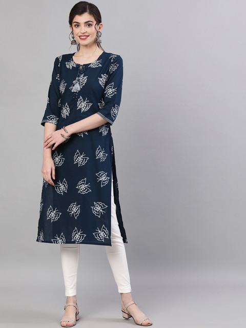 

Ishin DESIGNER STUDIO Women Navy Blue Printed Straight Kurta