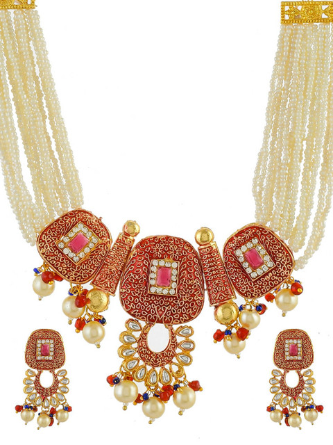 

Silvermerc Designs Gold-Plated Red Stone-Studded Pearl Choker Jewelry Set